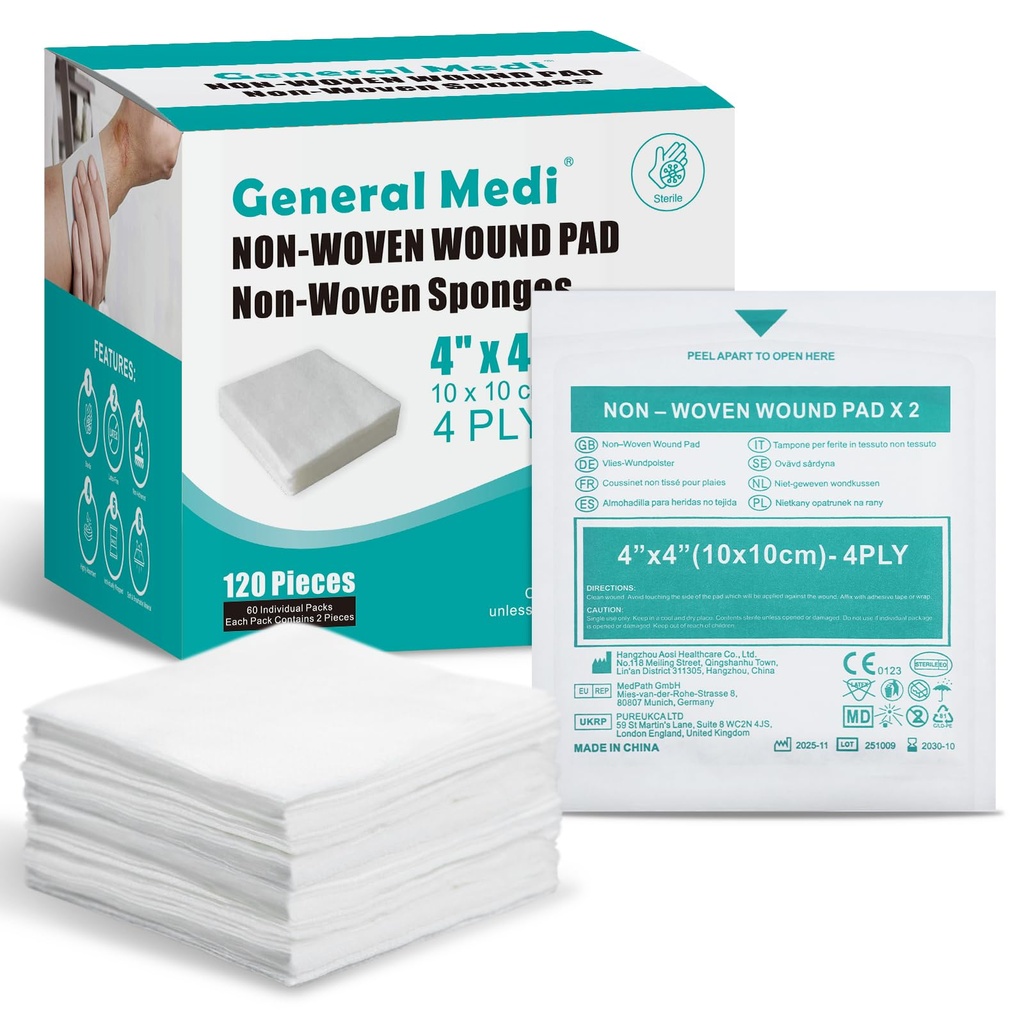 General Medi Sterile Gauze Sponges, 4" x 4" Non-Woven Yara Pads - Bireysel olarak yüksek derecede Absorbent Sponges Pads for Cushioning Minor Yaras, Cuts & Burns Desert Care (60 Packs, 120 Adet Toplam)