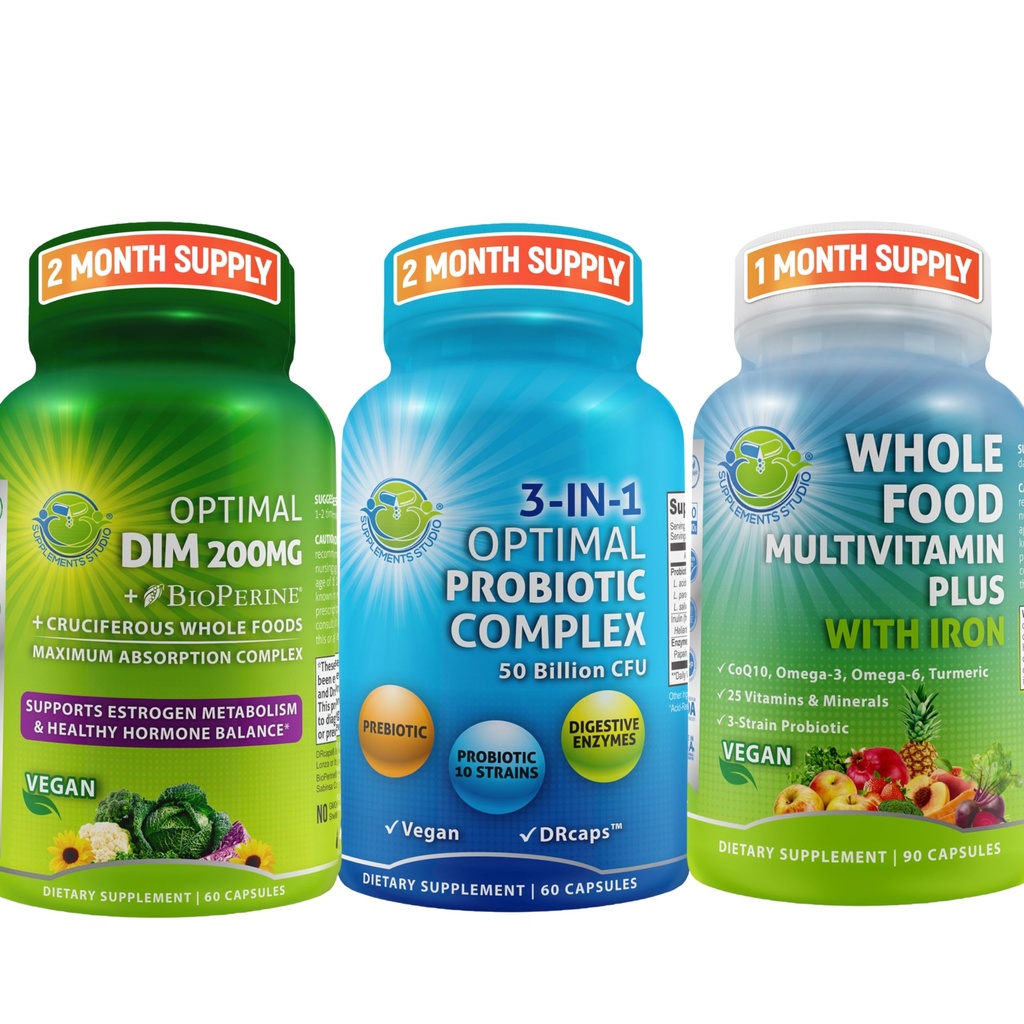 Hormonal Balance & Digestive Health Trio – DIM 200 mg with BioPerine® & Cruciferous Veggies + 3in-1 Probiyotik with Prebiyotik and Enzymes + Tüm Gıda Demir ile Çokvitamin - Vegan Wellness Desteği