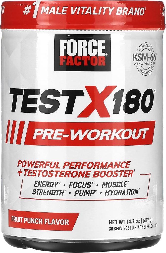 FORCE FACTOR Test X180 Pre-Workout Toz & Enerji Supplement, Boost Focus & Endurance, Build Muscle & Strength, Nitrik Oksit Supplement with Ashwagandaha & L-Citrulline, Punch Meyve, 30 Hizmet