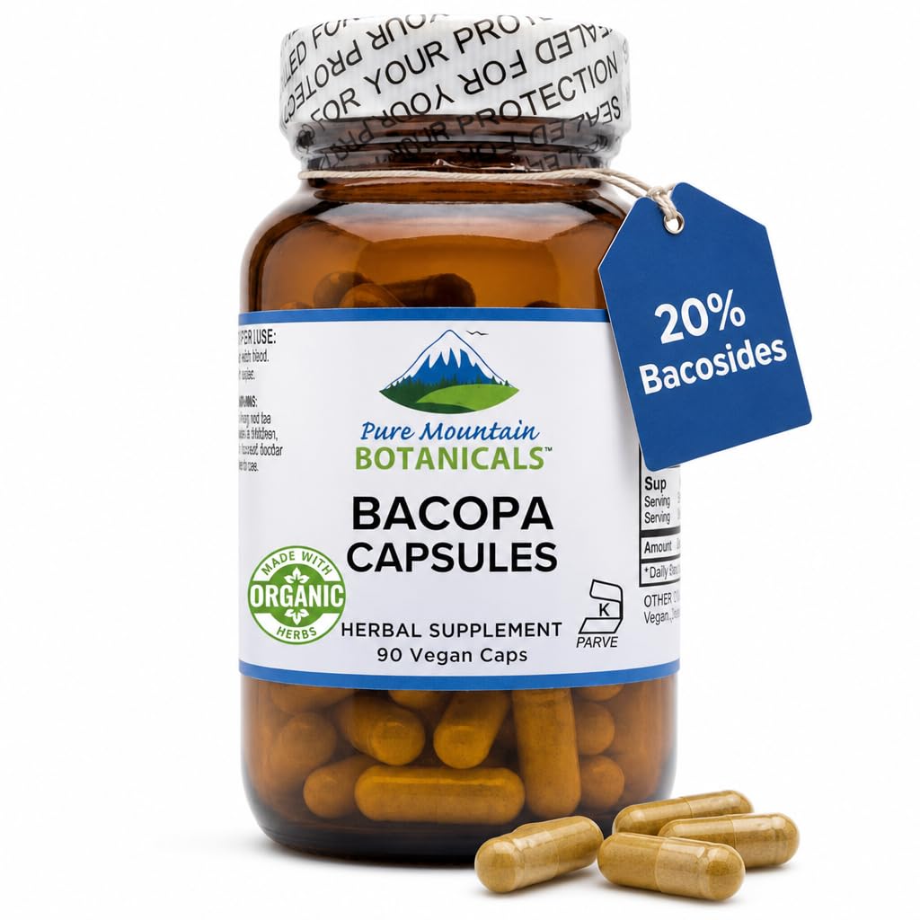 Pure Mountain Botanicals Bacopa Monnieri Capsules - Vegan Caps with Organic Bacopa & Standardized Bacopa Ekstra