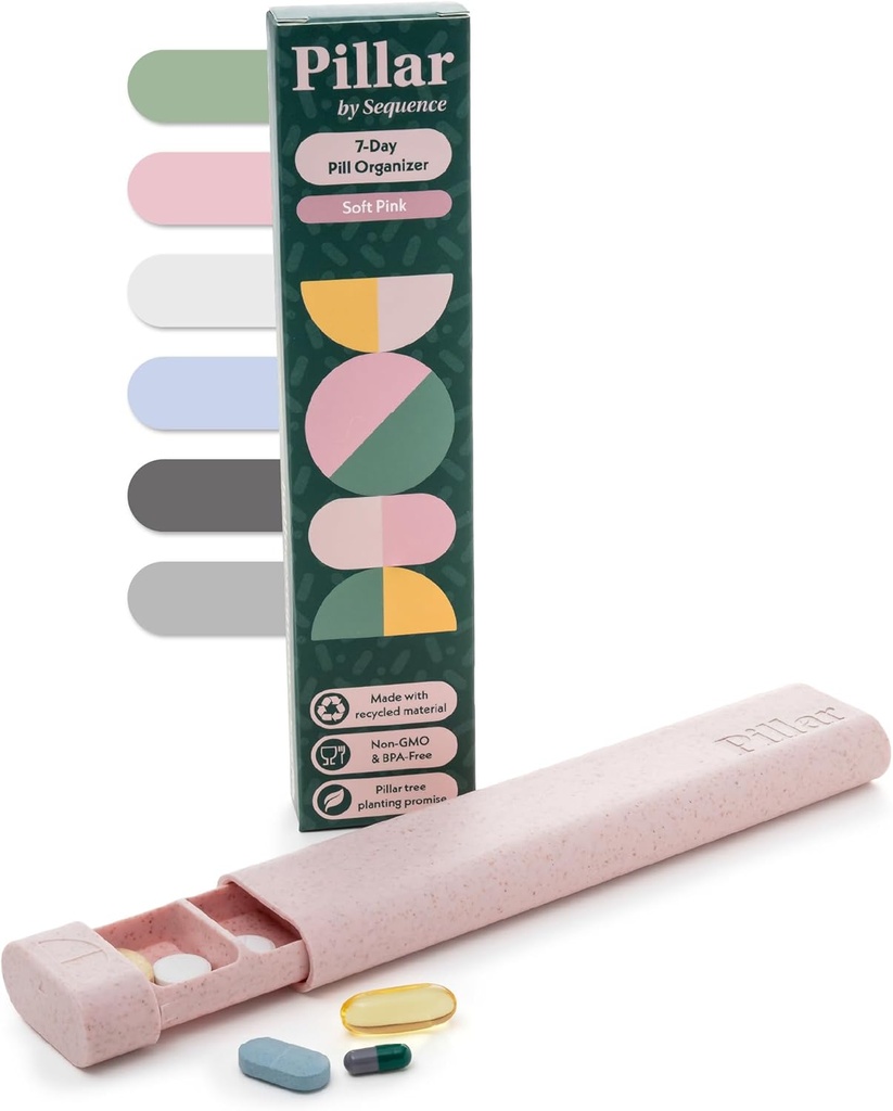 Pillar - 7 Günlük Pill Box Organiser | Ted-Free Buğday Straw Pill Organiser | Seyahat ve Ev için Güzel Tablet Organı (Soft Pink)