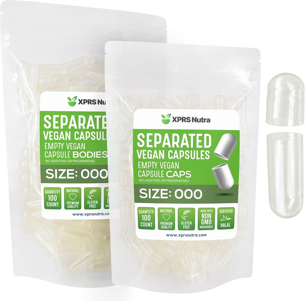 XPRS Nutra Vegan Boyutu 000 Ayrılı Capsules- 100 Kont Premium Boş Caps Çantada Ayrıştı - Clear Boş Capsules - DIY Supplement için 000 Pills