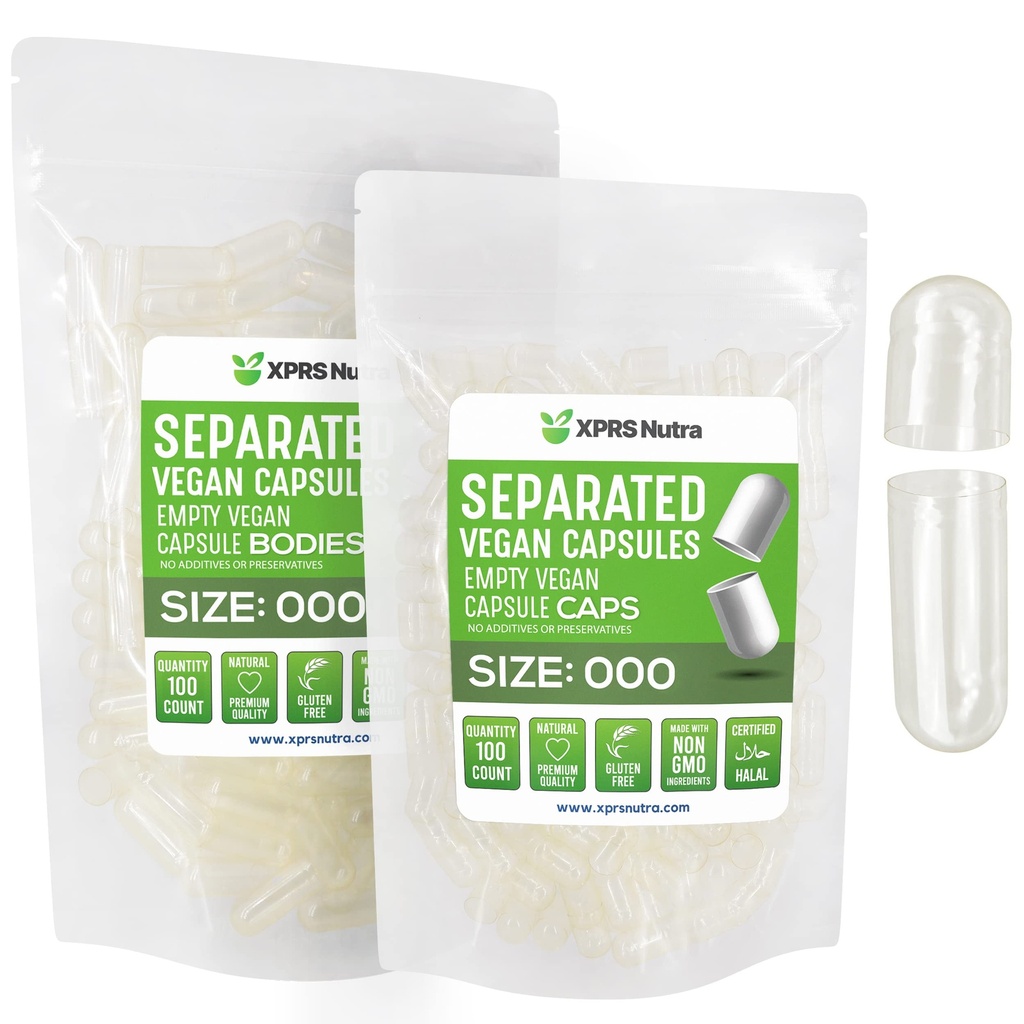 XPRS Nutra Vegan Size 000 Separated Capsules- 100 Count Premium Empty Caps Separated in Bags - Clear Empty Capsules - 000 Pills for DIY Supplement Filling