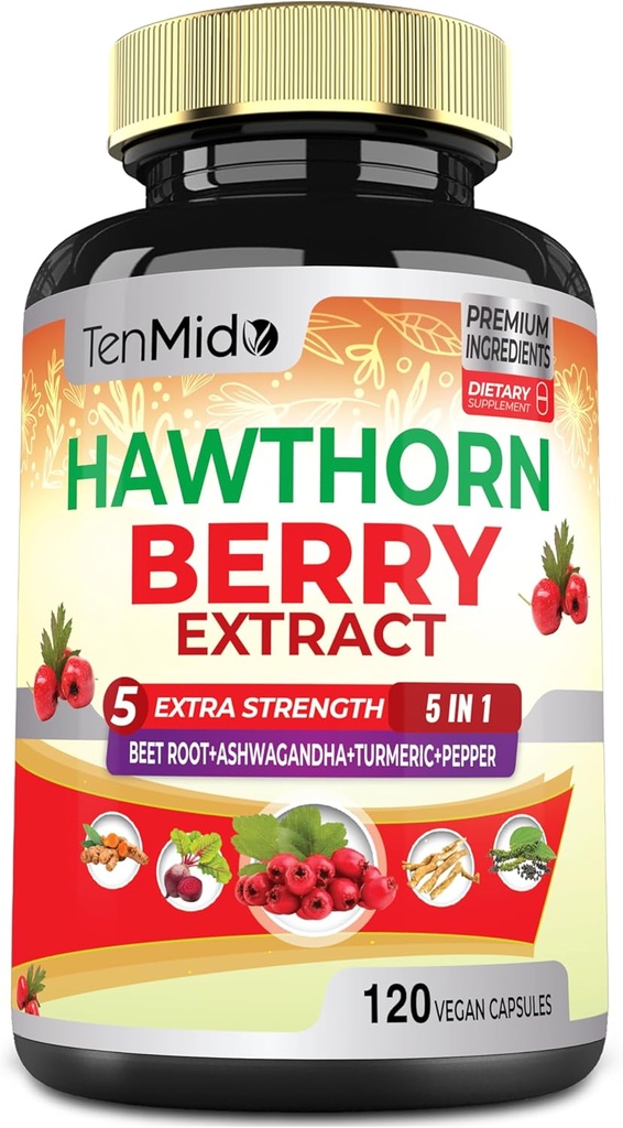 Hawthorn Berry Supplement Extract Capsules - 120 Vegan Capsules for 4 Months - Combined Beet Root, Ashwagandha, Turmeric Curcumin & Black Pepper