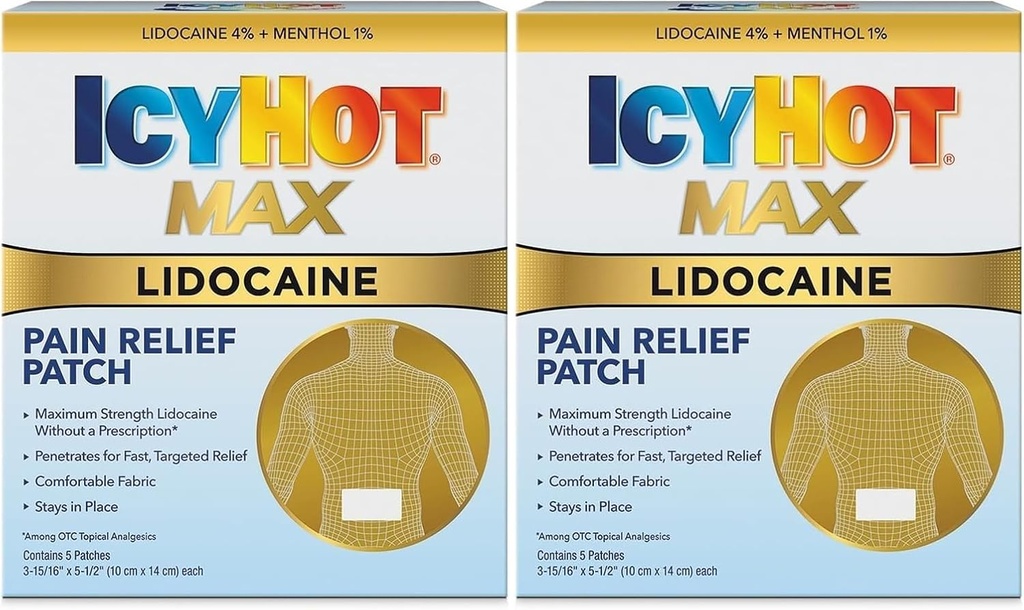 Icy Hot Max Strength Lidoka Pain Relief Patch (5 Count) Penetrates for Fast, Targeted Relief (Pack of 2)
