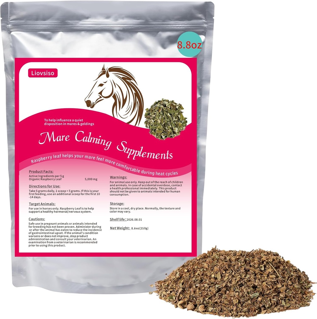 8.8 oz At Calming Supplement - Natural Raspberry Leaf Eases memory and Discomfort in Moody Mares, Calms During Heat Cycles - Find for Geldings Too
