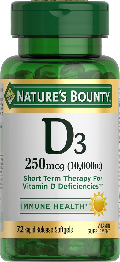 Nature's Bounty Vitamin D for Immune Support and Discovers Health Bones, 10000IU, Softgels, Multi-Renk, 10.000 IU, 72 (Pack of 1)