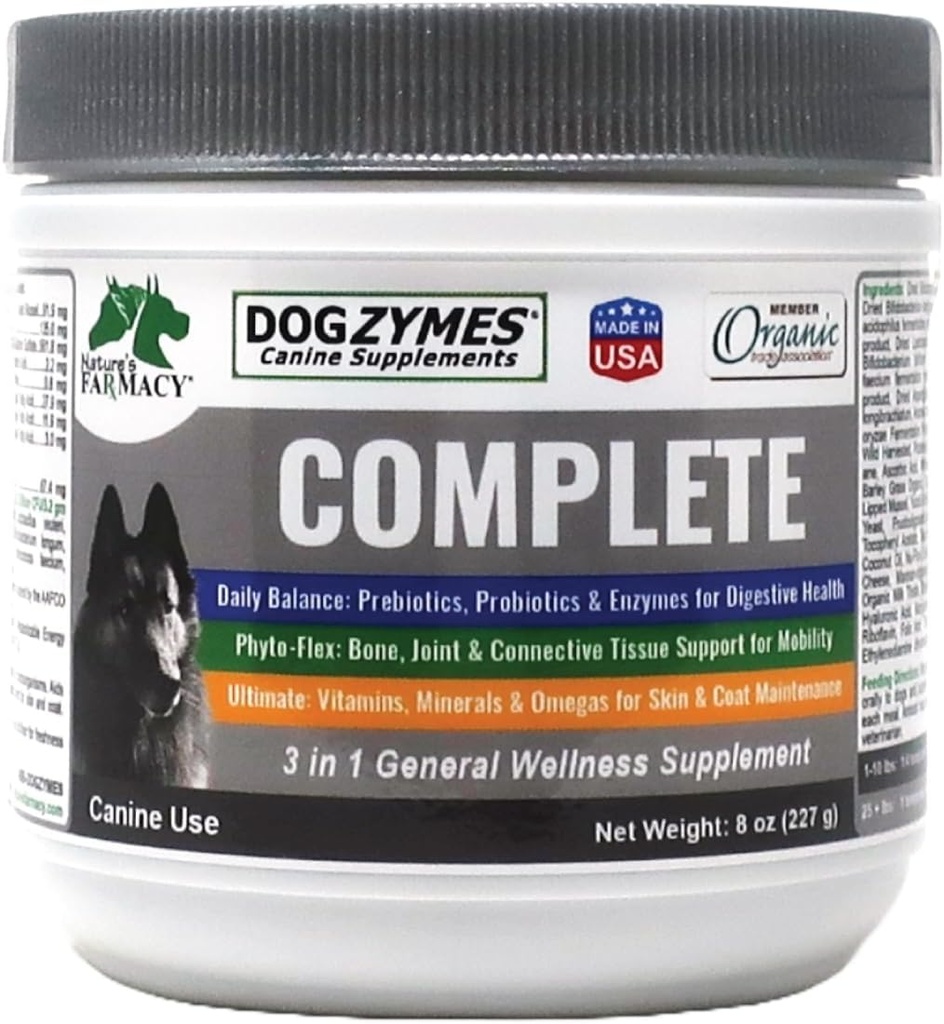 Dogzymes Complete - Probiotics, prebiotics, Glucosamine, Chondroitin, MSM and Hyaluronic Acid, Complete Skin and Coat Care (8 Ounce)