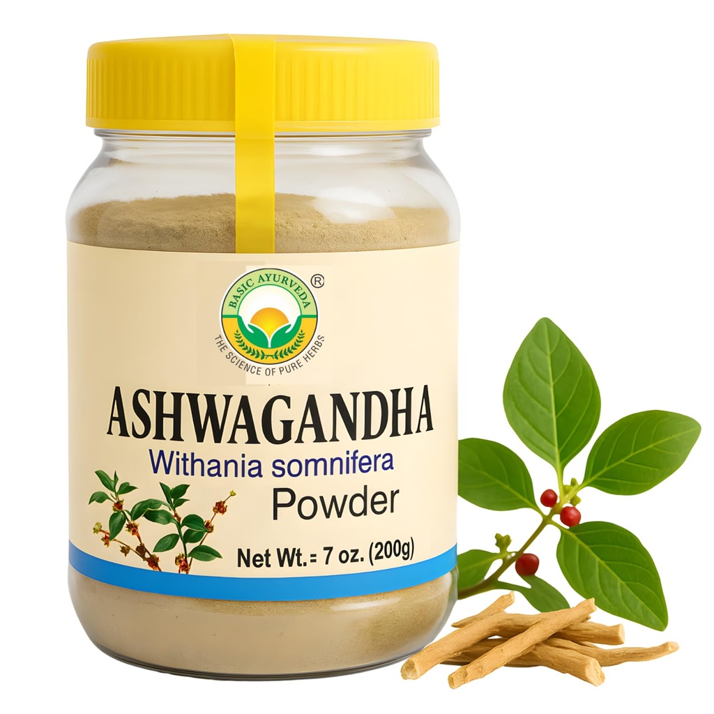 BASIC AYURVEDA Ashwagandha Toz | Güçlü Yardım | Stres Yardım Herbal Supplement | Immunity | Nomixs | Adaptojenik Superfood for Smoothies, Shakes & Wellness | 705 Oz (200 gm)