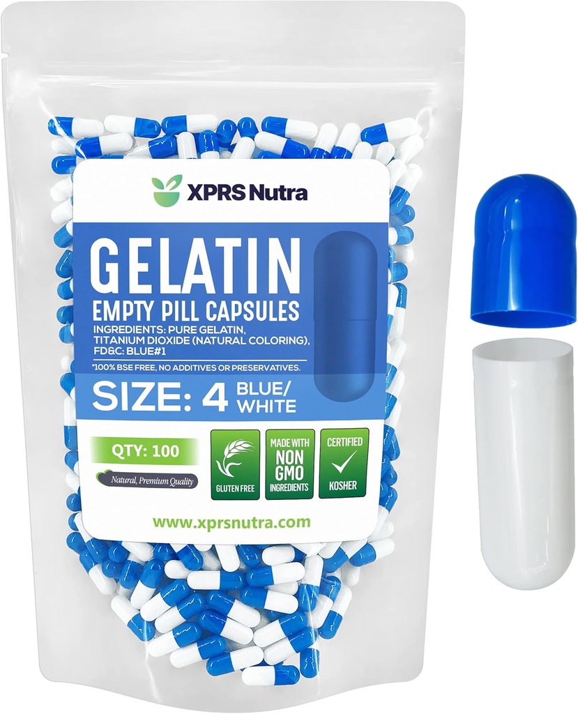 XPRS Nutra Μέγεθος 4 Κενές κάψουλες - 100 κόμης μικρές κενές κάψουλες Ζελατίνης - Χάπια DIY Καψάκιο πλήρωσης - πληρώσιμα αγνά καπάκια τζελ βοοειδών για το Do-It-Yourself Συμπληρώματα (μπλε/λευκό)