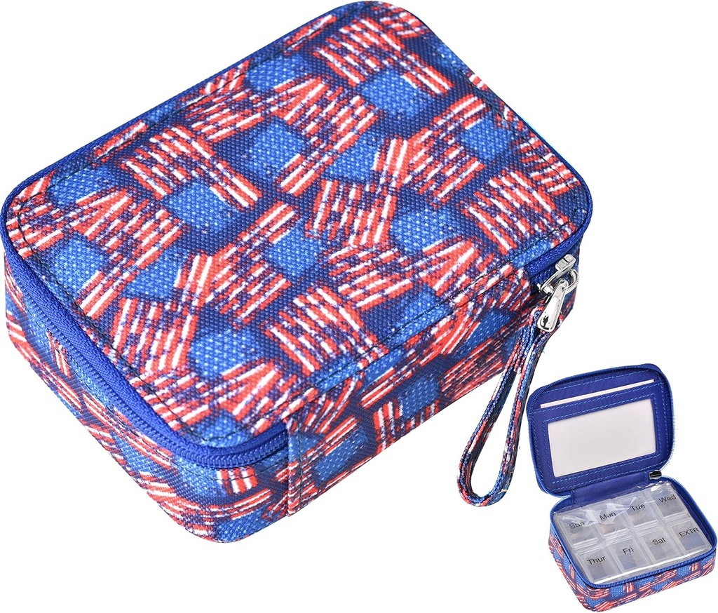 Καπέλα Organizer περίπτωση Travel Medicine Box 7 Ημέρα συμπλήρωμα βιταμίνης Compact Dispenser σε Zipper τσάντα πουγκί (ΗΠΑ σημαία)