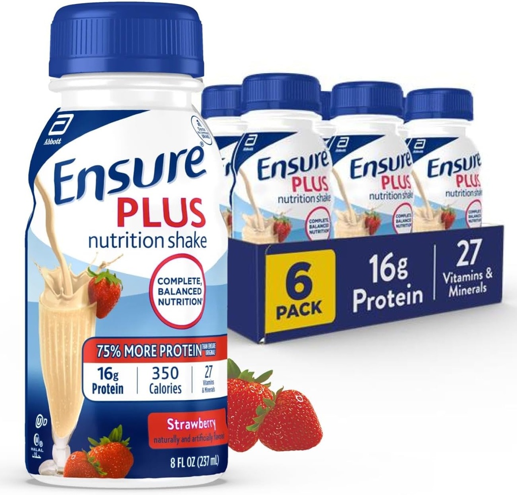 Plus Strawberry Beslenme Shake | Meal Change Shake | içmeye Hazır | 16g protein ve 27 Vitamin ve Mineraller | 8 fl oz - 6 Pack