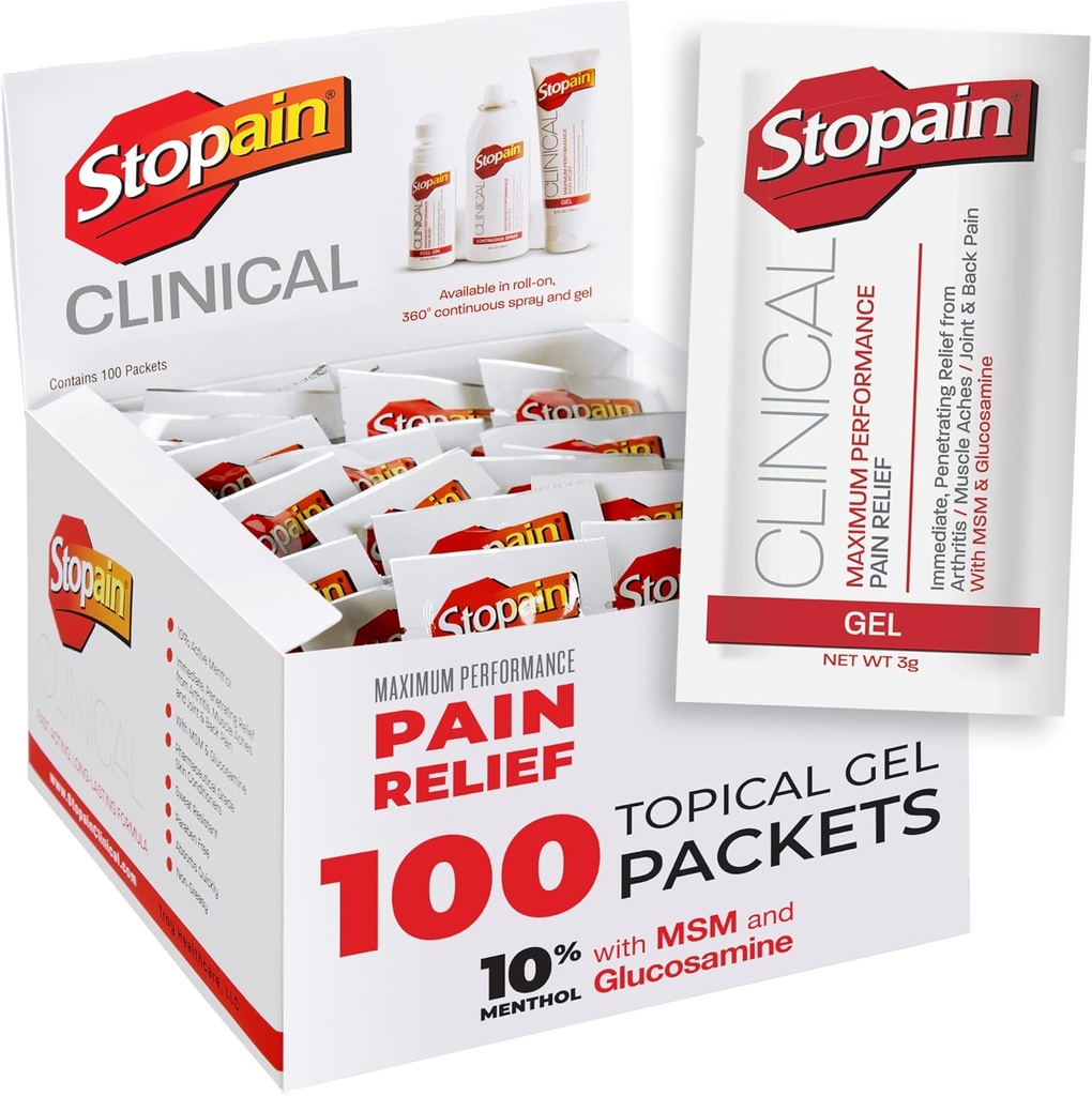 Stopain Pain Relief Klinik Gel Packets, 100 Pack, ABD'de yapılan, Kas Aches, Joint Pain ve Arthritis için %10 Menthol Plus Glucosamine ile maksimum Performans Ağrısı Yardımı