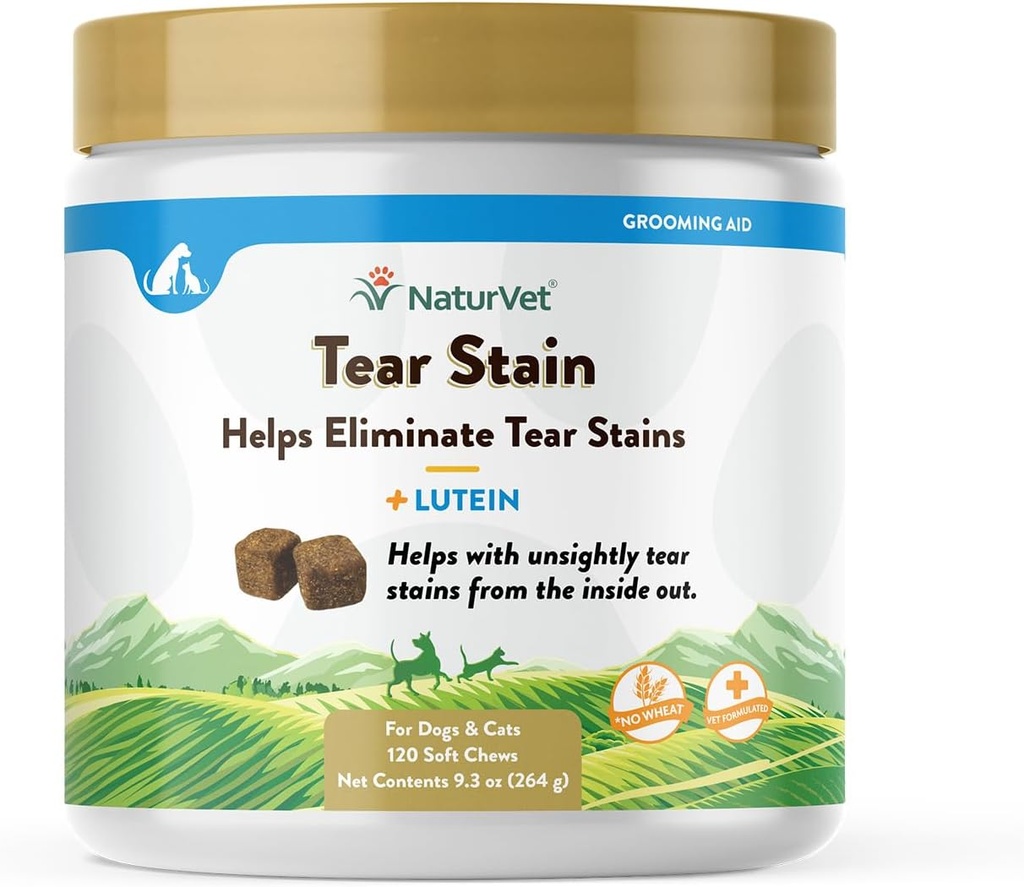 NaturVet Lutein Tear Stain Supplements for Dogs & Cats – Dog, Cat Breeds - Oregon Grape Root, Marshallowm Root, Cranberry Extract - 120 Ct.