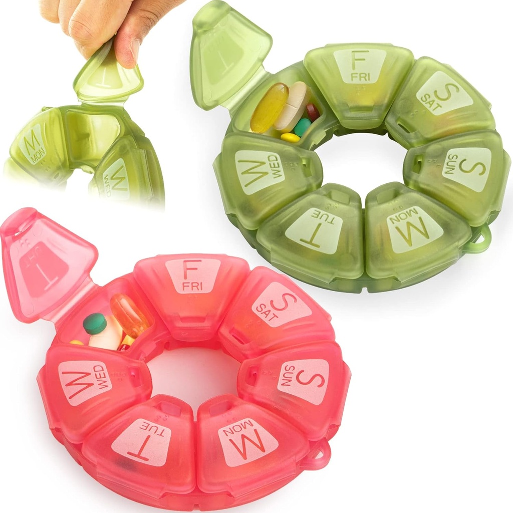 Round Weekly Pill Organizer, Teethized, Travel Pill Container 7 Day, 7 Büyük Karşılaştırmalı, Günlük Vitaminler ve Tamamlar için Büyük, Büyük Mektuplar ve Braille (2 adet)
