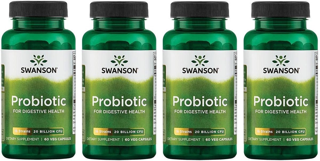 Swanson Probiyotik for Digestive Health GI Tract Immune Support Travelers Support 20 Milyar CFU with Prebiyotik FOS 60 Veggie Capsules (4 Pack)