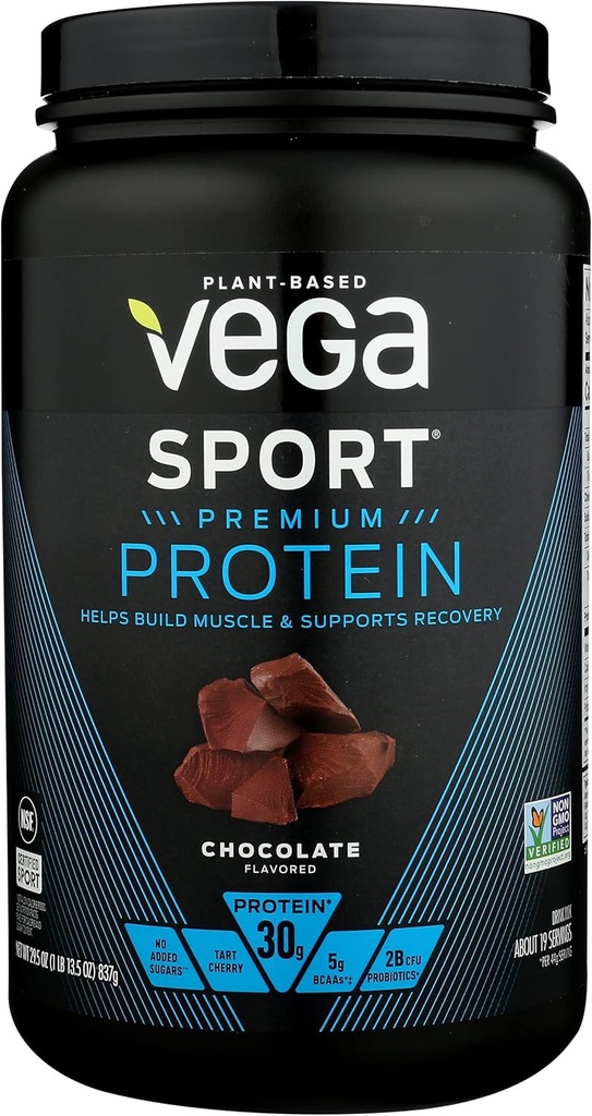 Vega Sport Premium Protein Powder, Chocolate, Vegan, 30g Plant Based Protein, 5g BCAAs, Low Carb, No Sugar, Keto, Dairy Free, Gluten Free & Non-GMO, Pea Protein for Women and Men, 29,5 Oz
