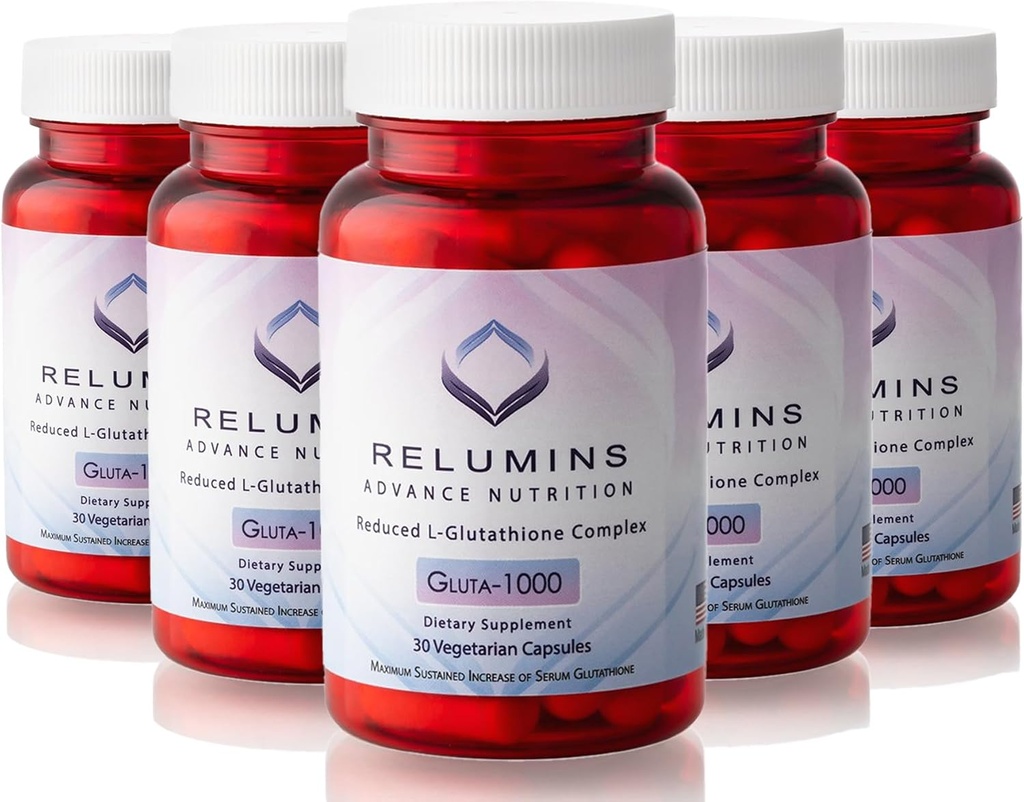 Relumins Advance Nutrition Gluta 1000 - L-Glutathione, Alfa Lipoic Acid & Rose HIPS, Antioksi Support for Skin & Total Wellness, Made in USA - 30 Capsules x 5 Şişes (75-Day Supply)