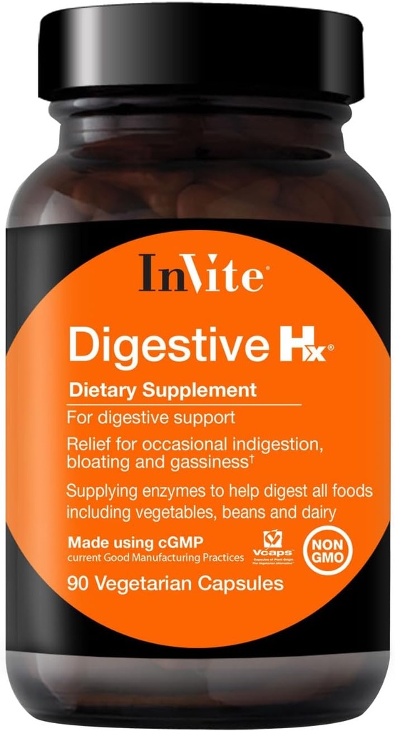 Invite Health Digestive Hx® - Βελτιώνει την πέψη και τις προσφορές Ανακούφιση για περιστασιακή δυσπεψία, Bloating και Αέριο -Περιέχει παγκρεατικά ένζυμα, Pepsin και Betain HCL - 90 Χορτοφαγικές κάψουλες (2-Pack)
