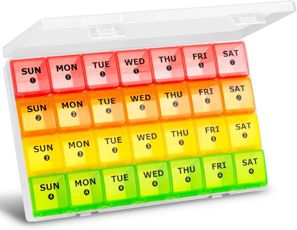 Büyük Aylık Pill Organizer, XL 4 Hafta Pill Box,28 Gün Pill Vakaları Haftaya kadar düzenlenmektedir, Büyük Karşılaştırmalı Pill Konteyner Dust-Proof, For Pills/Vitamin/Fish Oil /Supplements,by Yaklim (ROYG)