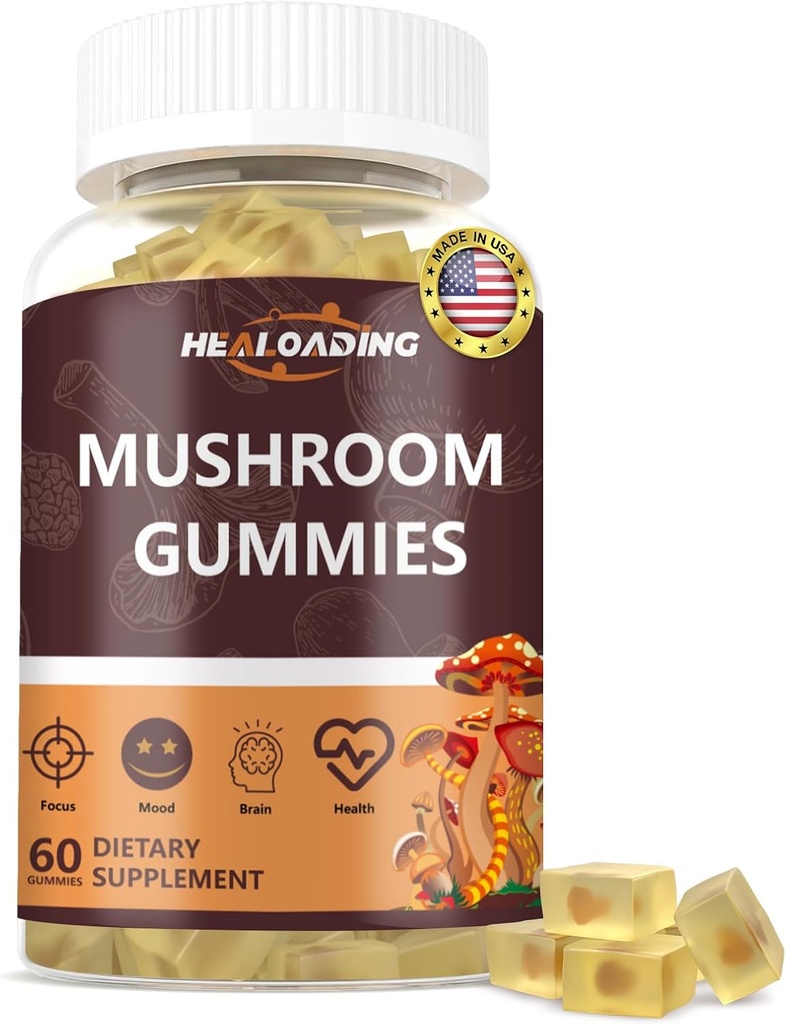 Mushroom Gummies: One - Lion's Mane, Reishi, chagaCordyceps & More - Natural Focus & Energy Support- Vegan, Non-GMO-60 Gummies
