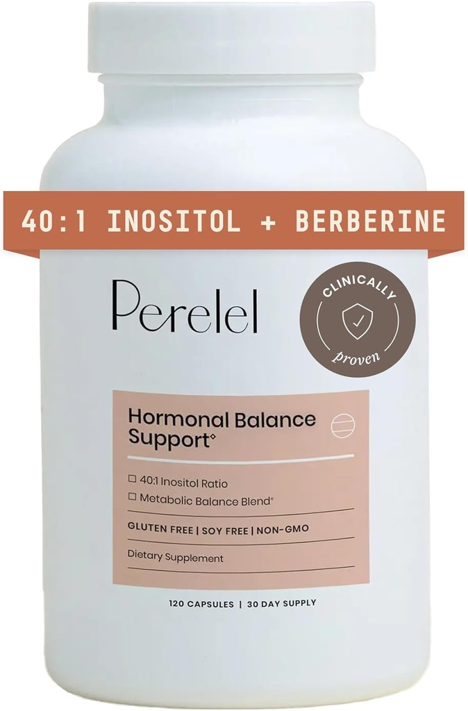 Perelel Hormone Balance Support, Womens Inositol συμπλήρωμα με βερβερίνη, Myo & D Chiro Inositol, Alpha Lipoic Acid, & Dim για την υποστήριξη της γυναικείας υγείας, σόγια, γαλακτοκομικά & γλουτένη, μη ΓΤΟ, 120 κάψουλες