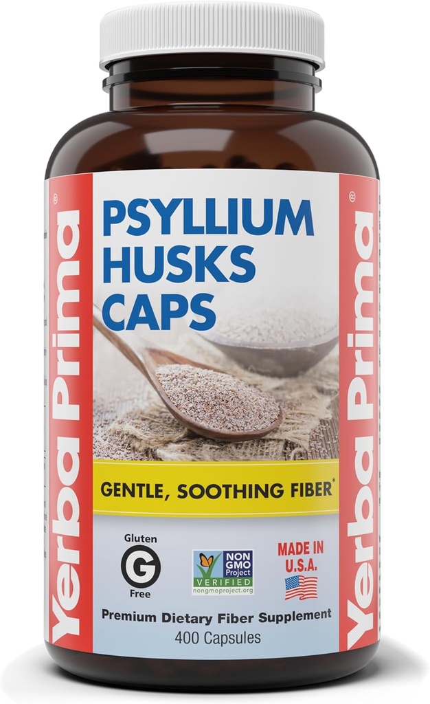 Yerba Prima Psyllium Husks Caps, 625 mg, 400 Capsules - Natural Fiber for Men and Women - Regularity Support Supplement