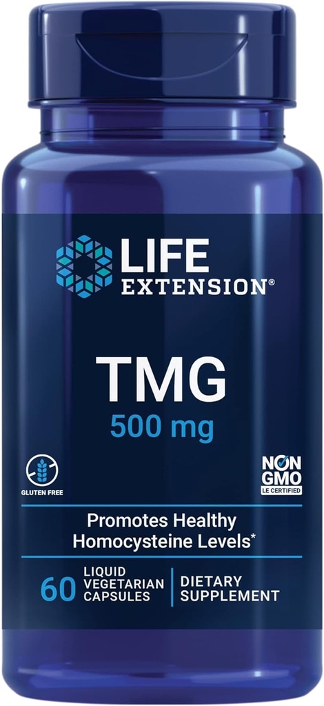 Life Extension TMG, tritileglycine, Encourages Health homocysteine Levels, Non-GMO, Gluten-Free, Vegetarian, 60 Capsules