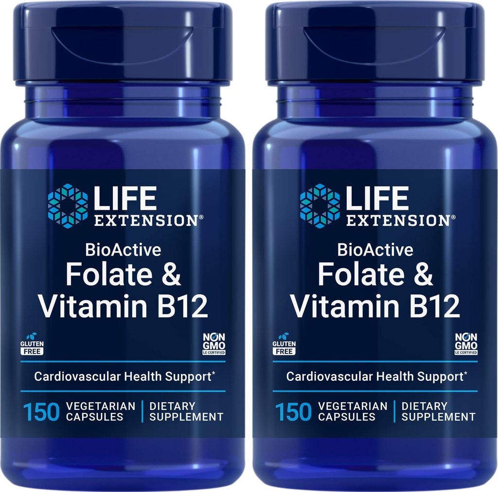 Life Extension BioActive Folate & Vitamin B12, 150 Vegetarian Capsules (Pack of 2), GMO, Gluten Free