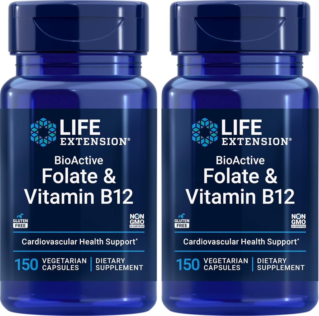 Life Extension BioActive Folate & Vitamin B12, 150 Vegetarian Capsules (Pack of 2), GMO, Gluten Free