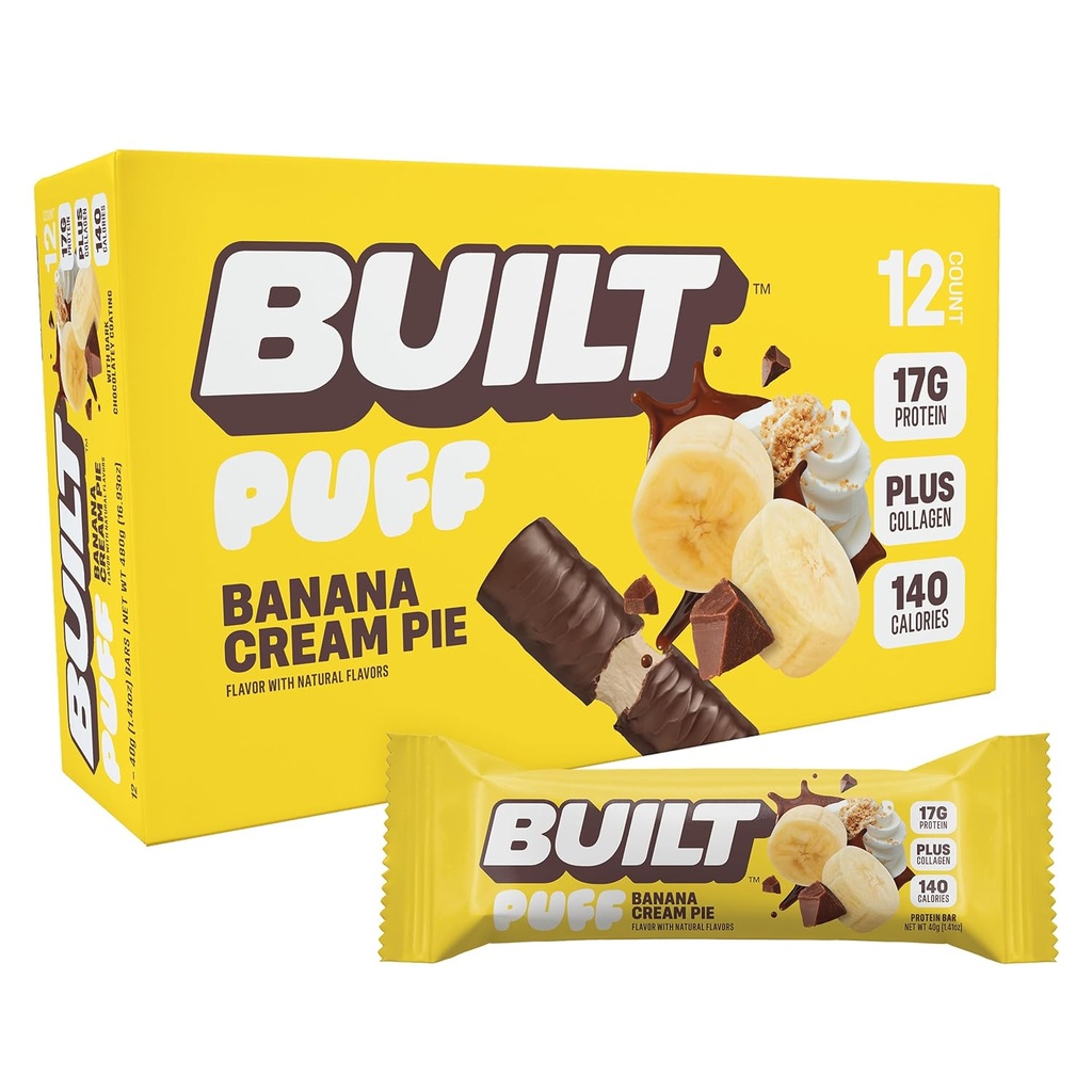 Χτισμένο Bar, Puff Protein Bars, Banana Cream Pie Puff, 17g Protein Snacks, On-The-Go Bars, Μόνο 140 θερμίδες, 6g ζάχαρη, κολλαγόνο, χωρίς γλουτένη, 12 Count