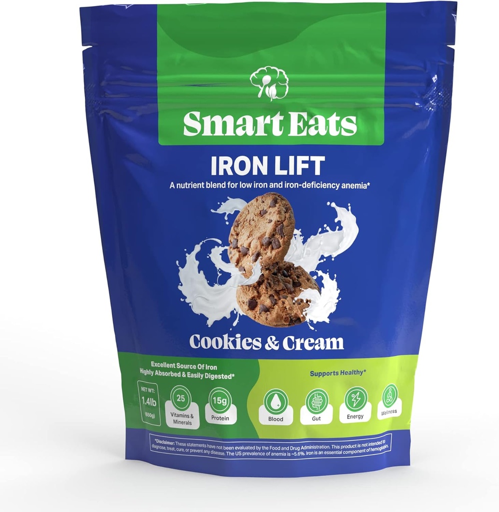 Smart Eats Iron Lift | Toz Iron Supplement | More Energy | Gentle Iron | Support Hair, Skin, Digestion | Great for Kids & Yetişkinler | Makes Tasty Drinks/Smoothies | Cookies & Cream | 30 Scoops
