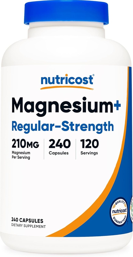 Nutricost Μαγνήσιο+ Τακτική Δύναμη (210mg, 240 κάψουλες) - 120 Σερβιέτες, Φτιαγμένα με Γλυκινικό μαγνήσιο και Οξείδιο, Μη ΓΤΟ, Χωρίς Γλουτένη και Φιλικά με Βέγκαν