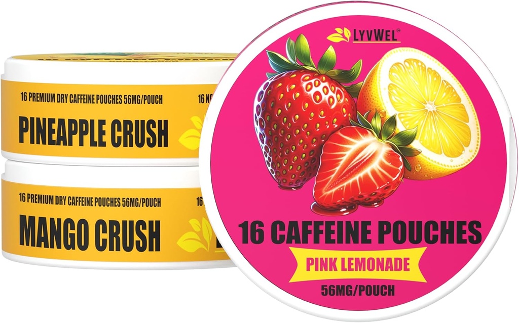 LyvWel 56 mg Caffeine Energy Pouches – Pink Lemonade, Pineapple Crush, Mango Crush – Meyveli Temiz Enerji ve Odaklı Guarana ile Güçlendirme - 3Pack Örnekr (48 Toplam Pouches)