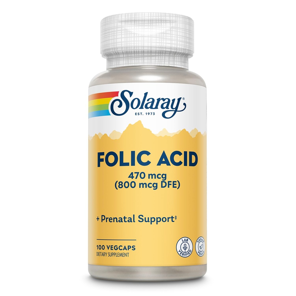 SOLARAY Folic Asit - Vitamin B9 Folic Asit Supplement, Prenatal Vitamin - Kan Hücre Geliştirme Desteği - Vegan, Lab Onaylandı, 60 Günlük Garanti - 100 Hizmet, 100 VegCaps