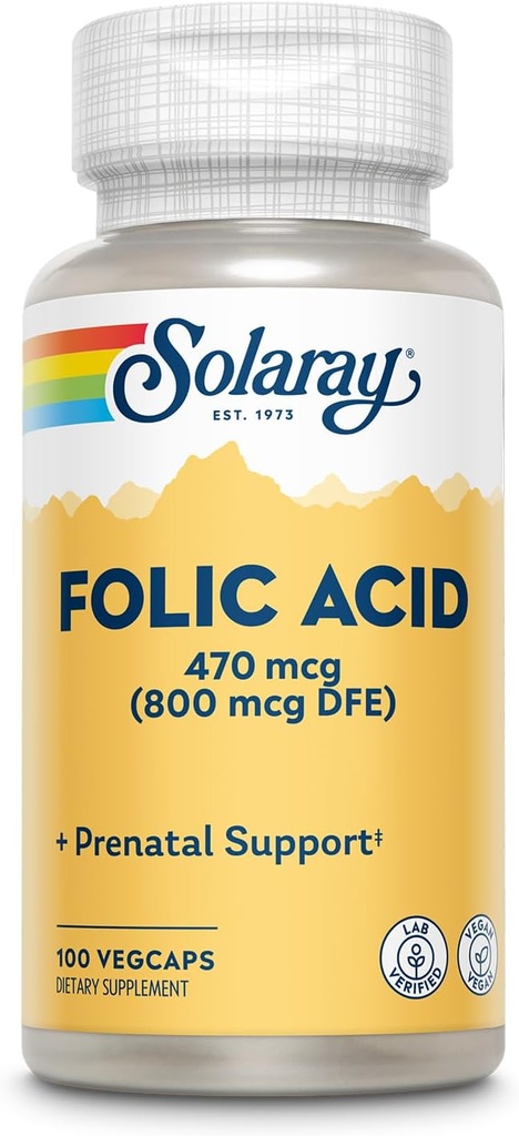 SOLARAY Folic Asit - Vitamin B9 Folic Asit Supplement, Prenatal Vitamin - Kan Hücre Geliştirme Desteği - Vegan, Lab Onaylandı, 60 Günlük Garanti - 100 Hizmet, 100 VegCaps