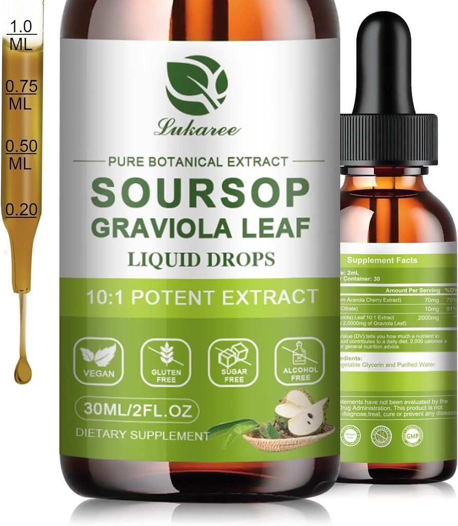Nature Soursop Bitters Liquid, 15 Days Supply Graviola Oil for Cell Support & Rejenerasyon, Antioksi, Immune Boost, Digestive, Sugar-Free, Gluten-Free, Sour SOP Multivitamin 1 FL OZ