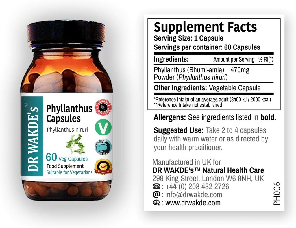 Κάψουλες DR WAKDE'S® Phyllanthus (Bhumi-amla/Bhumiamalaki) I 100% Herbal I 60 Κάψουλες Veggie I Ayurvedic Συμπλήρωμα