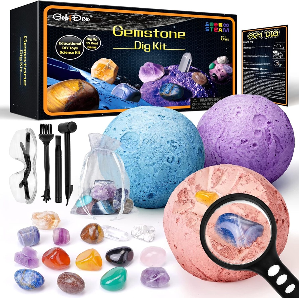 GobiDex Gemstones Dig Kit, Solar System Science Kit for Kids, Excavate 15 Real Gems, STEM Eğitim Uzay Oyuncakları Gezegen Koleksiyonu Kit, Archaeology Geology Science Projects Hediye for Boys &Girls Age 6+