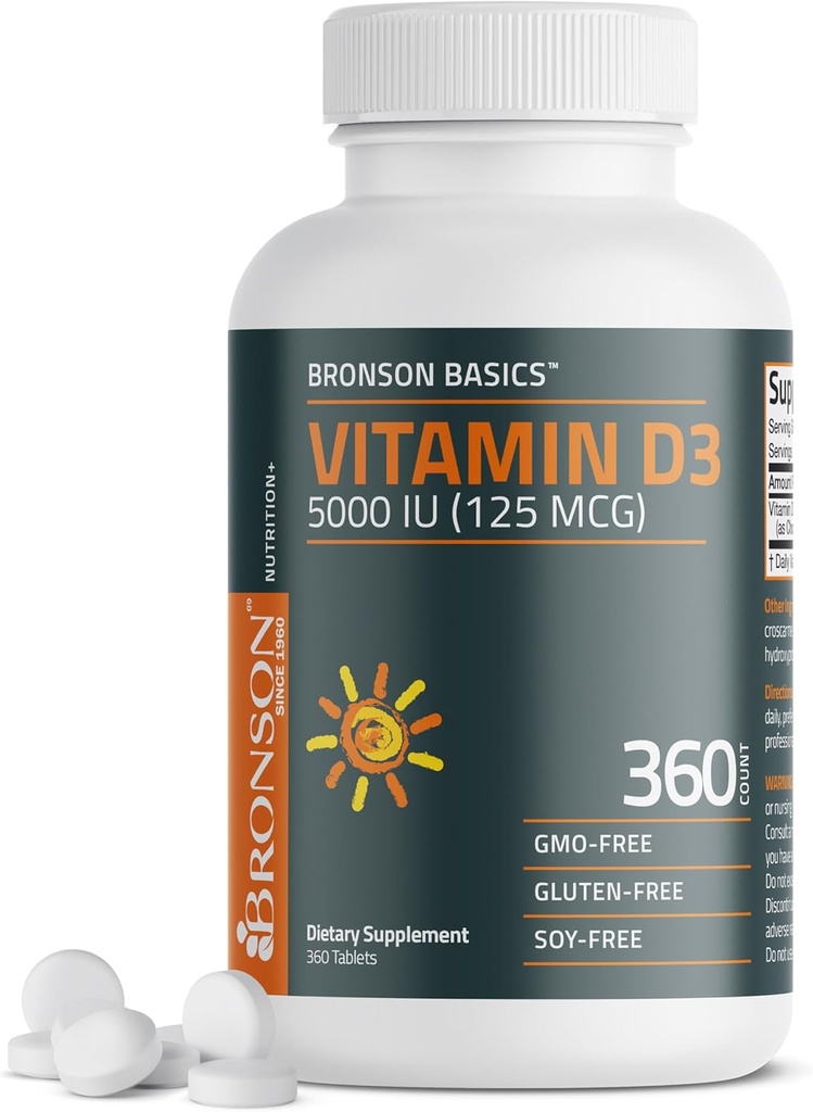 Bronson Vitamin D3 5000iu (12574)) 1 Yıl Sağlıklı Kas Fonksiyonlu ve Immune Desteği, Non-GMO, 360 Tabletler