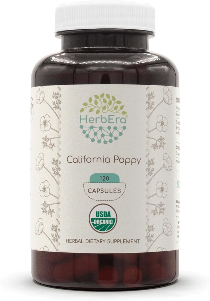 HerbEra California Poppy USDA Organik 120 Capsules | Sertifikalı Organik Vejetary Kapsüller ve Organik Kaliforniya Poppy (Eschscholzia Californica) Herb ve Çiçek (120 Capsules)