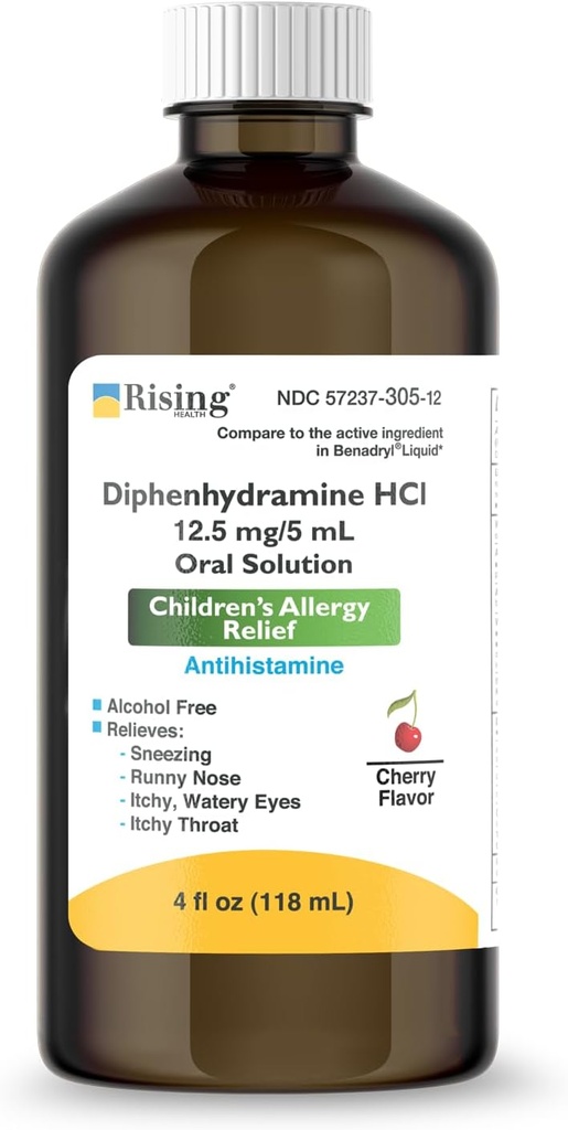 Rising Health - Allergy Relief Liquid Medicine with Diphenhydramine HCl 12, 5mg/5ml - Παιδική Αλλεργία Σιρόπι για Συμπτώματα Όπως Runny μύτη, Ichy Eyes & More - Cherry Flavor - 4 fl. oz