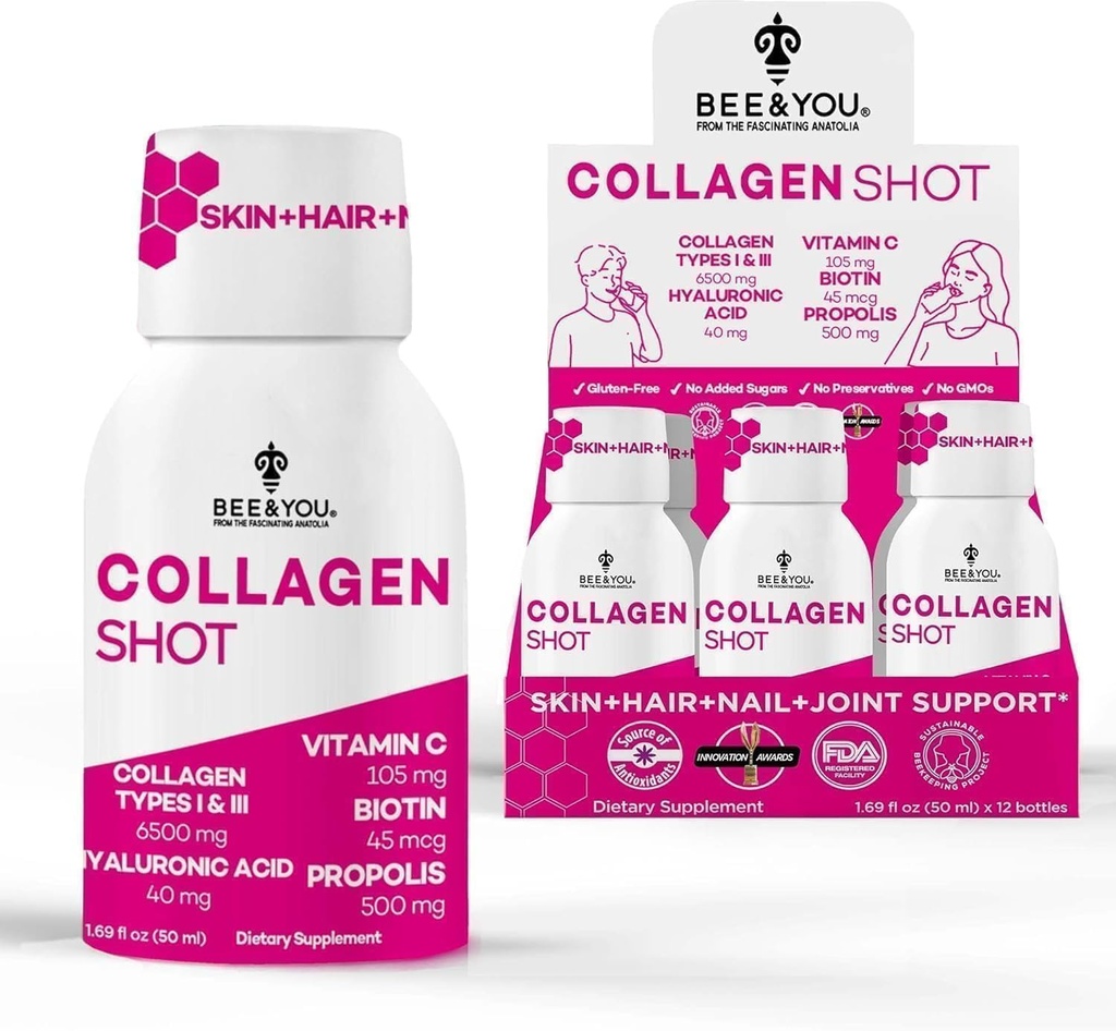 Bee and You Collagen Liquid Shot Drink with Vitamin C, Propolis Extract, Hyaluronic Acid, Biotin, Προάγει το δέρμα, τα μαλλιά, τα νύχια και κοινή υγεία, 1,69 fl. Oz x 12 Pack