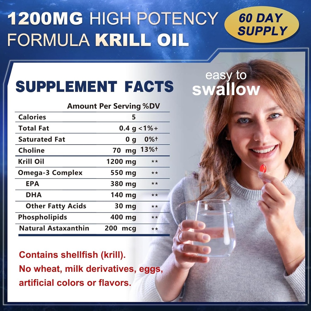 Krill Oil 1200 mg Omega 3 Supplement, Krill Oil Omega 3 with High Abxia EPA, DHA, Astaxanthin & Phospholipids, Supports Heart & Common Health, No Fishy Aftertaste - 120 Softgels (60 Hizmet)