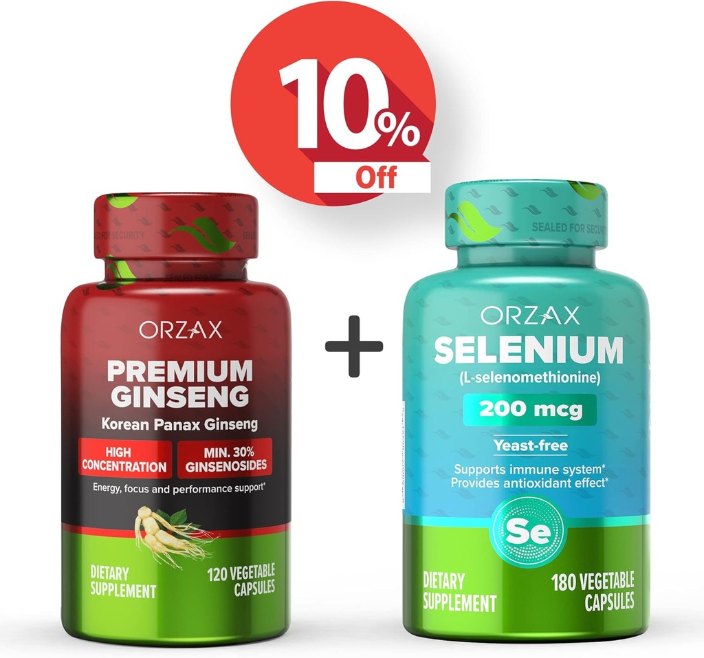ORZAX Premium Ginseng 120 Vegatable Κάψουλες και Σελήνιο 200 Mg 180 Vegatable Κάψουλες, Bundle