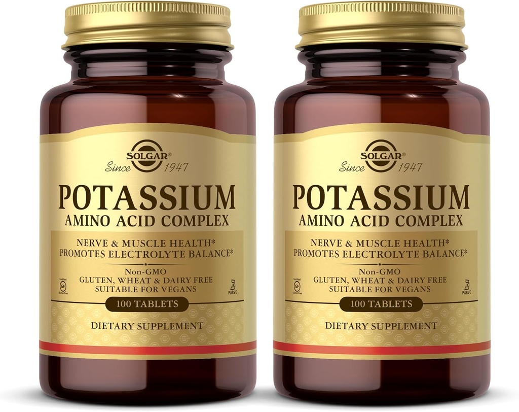 Solgar Potassium Amino Acid Complex - 100 Tablets, Συσκευασία των 2 - Προάγει την ισορροπία ηλεκτρολυτών - Μη ΓΤΟ, Vegan, Χωρίς γλουτένη, Χωρίς γαλακτοκομικά, Kosher - 200 Σύνολο Υπηρεσιών