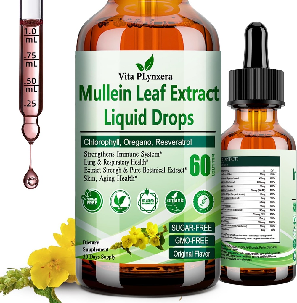 Lungs için Mullein Drops, Organik Mullein Leaf Extract for Lung Detox w. Chlorophyll Elder Oregano Oil Resveratrol Mullein Tincture Alkol Ücretsiz, Original Flavor, 2 Fl /Oz