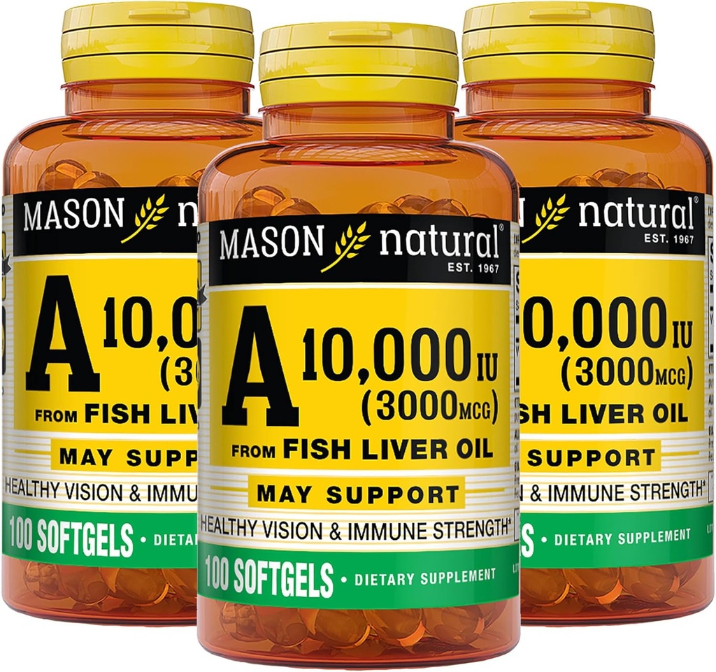 MASON ΦΥΣΙΚΗ Βιταμίνη A 3.000 mcg (10.000 IU) από το ιχθυέλαιο, υποστηρίζει την όραση & την ανοσοποιητική υγεία, 100 Softgels, συσκευασία των 3