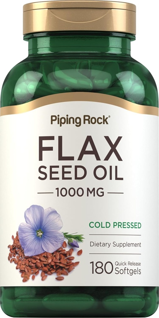 Piping Rock Flaxseed Oil 1000 mg Softgel Capsules | 180 Count | Cold Pressed Supplement | Non-GMO, Gluten Free