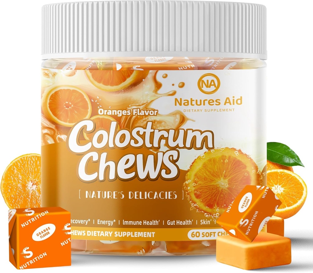 Colostrum Chews Supplement with probiyotiks for Gut Health, Bloating, Immune Support, Skin, Saç Büyüme ve Güzellik - Orange Flavor (60 Hizmet)